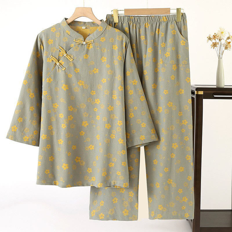 Tactile Cotton Floral Frog-Button Mindful Lounge 2-Piece Outfit