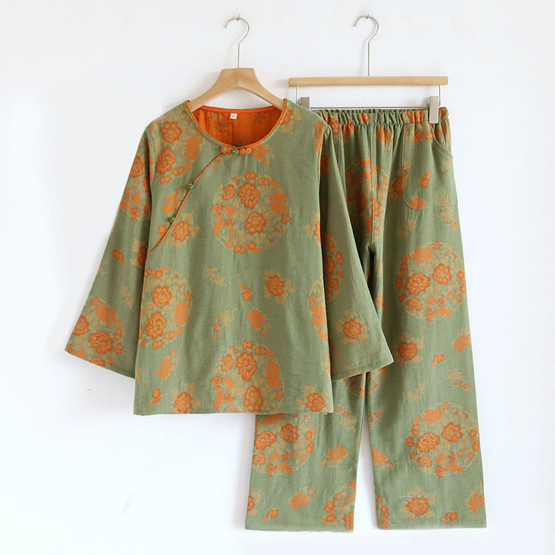 Breathable Cotton-Blend Floral Lounge Meditation 2-Piece Set