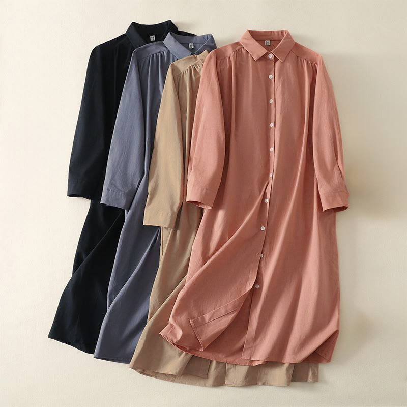 Tactile Cotton Relaxed Long-Sleeve Grounding Midi Dress