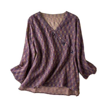 Spring V-Neck Printed Floral Pattern Women's Long Sleeve Shirt
