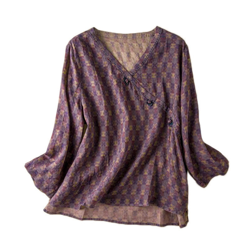 Spring V-Neck Printed Floral Pattern Women's Long Sleeve Shirt