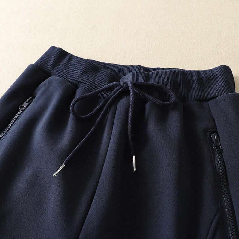 Midnightblue Zipper Thermal Fleece-lined Cotton Women's Wide Leg Pants With Pockets