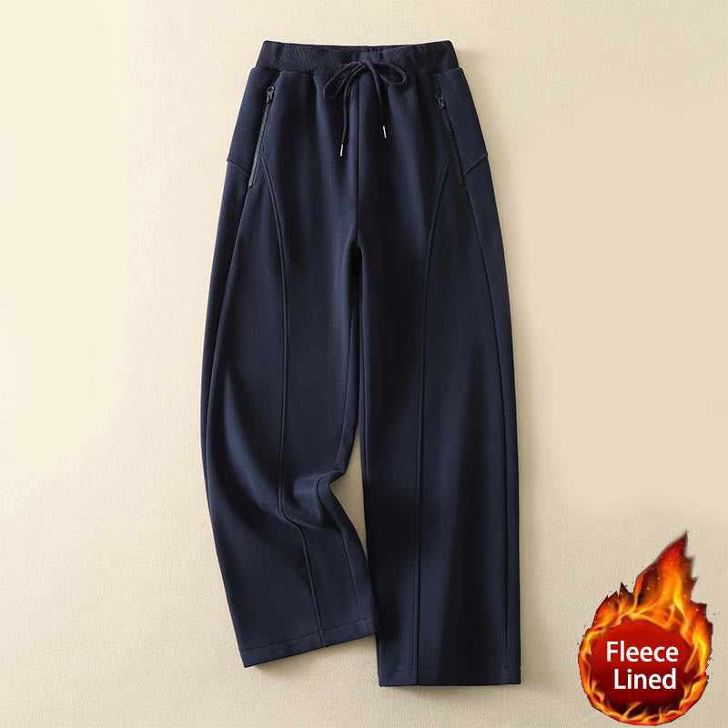 Midnightblue Zipper Thermal Fleece-lined Cotton Women's Wide Leg Pants With Pockets