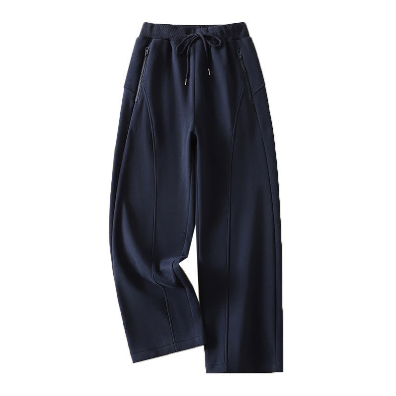 Midnightblue Zipper Thermal Fleece-lined Cotton Women's Wide Leg Pants With Pockets
