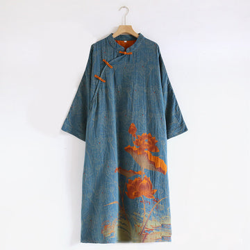 Tactile Cotton Jacquard Stand Collar Frog-Button Mindful Midi Dress