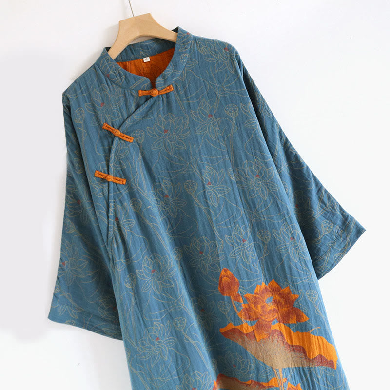 Tactile Cotton Jacquard Stand Collar Frog-Button Mindful Midi Dress