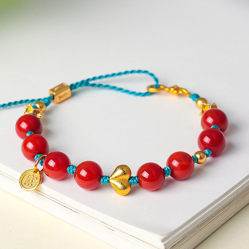 South Red Agate 8mm Beads Heart Fu Prosperity Braided String Bracelet