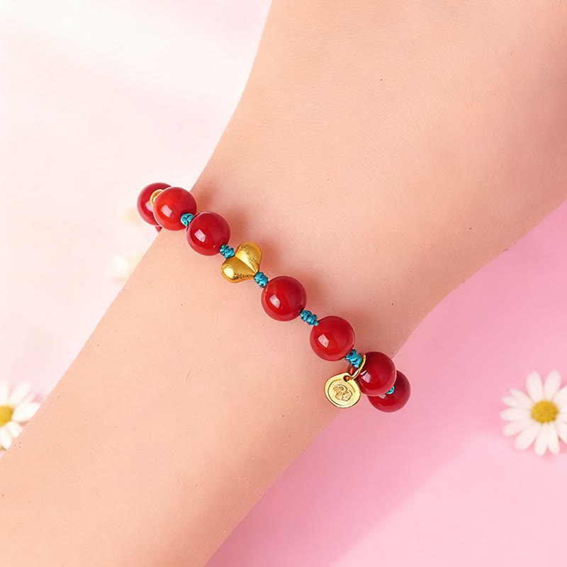 South Red Agate 8mm Beads Heart Fu Prosperity Braided String Bracelet