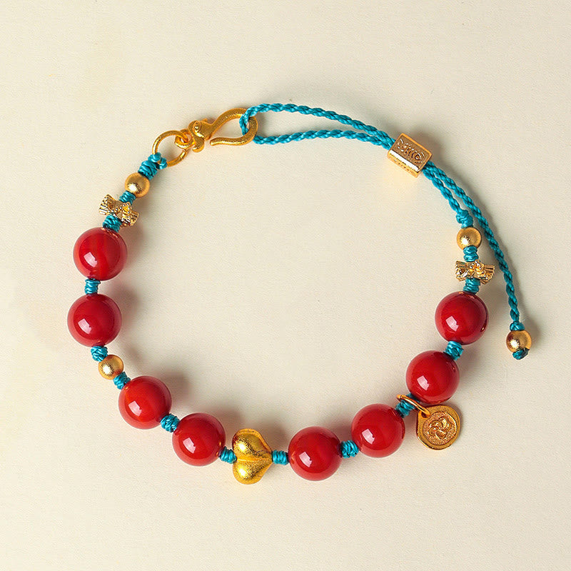 South Red Agate 8mm Beads Heart Fu Prosperity Braided String Bracelet