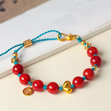 South Red Agate 8mm Beads Heart Fu Prosperity Braided String Bracelet