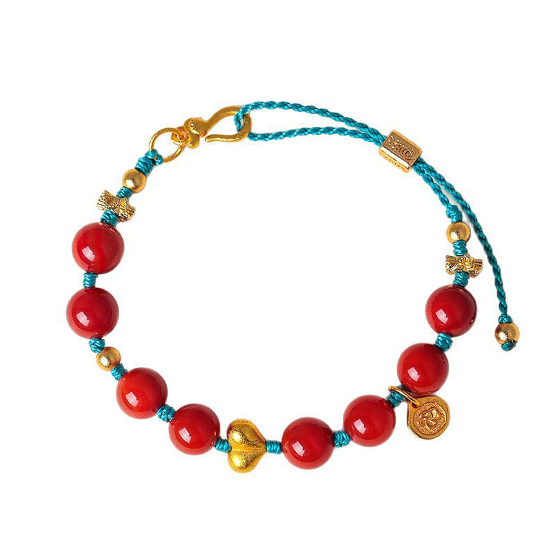 South Red Agate 8mm Beads Heart Fu Prosperity Braided String Bracelet