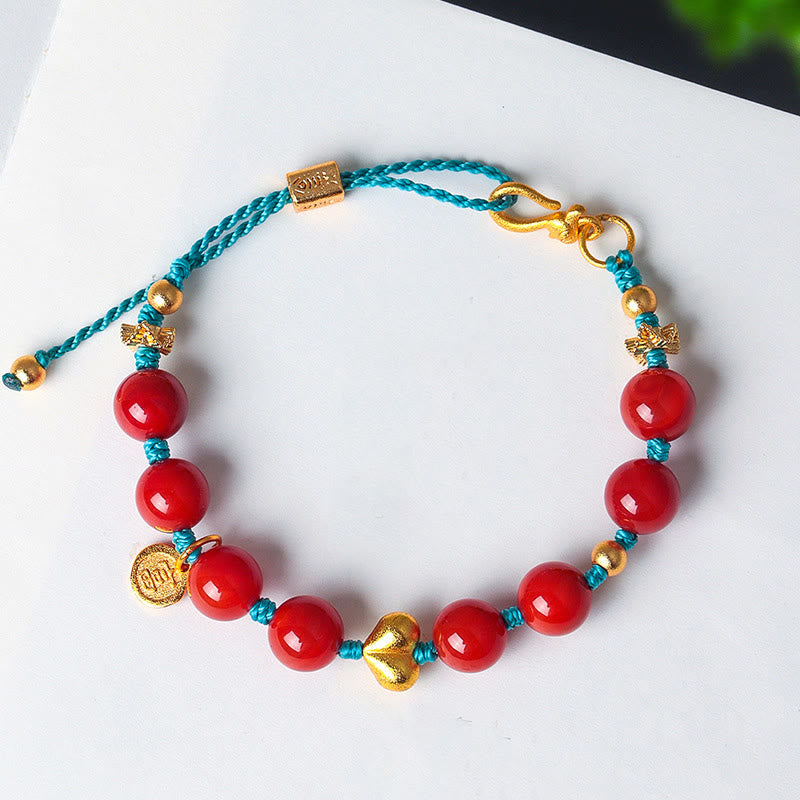 South Red Agate 8mm Beads Heart Fu Prosperity Braided String Bracelet