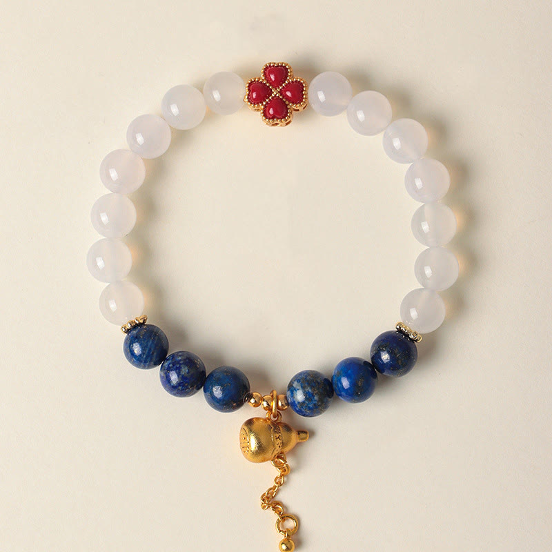 Lapis Lazuli Floral Four-Leaf Clover & Wu Lou Gourd Agate Beaded Bracelet