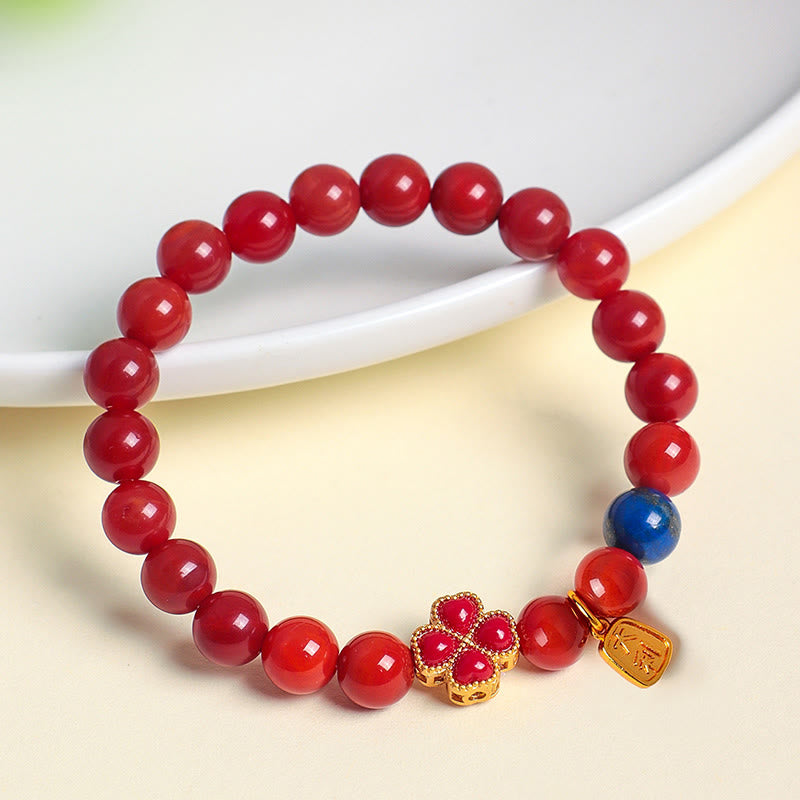 Lapis Lazuli Floral Four-Leaf Clover & Wu Lou Gourd Agate Beaded Bracelet