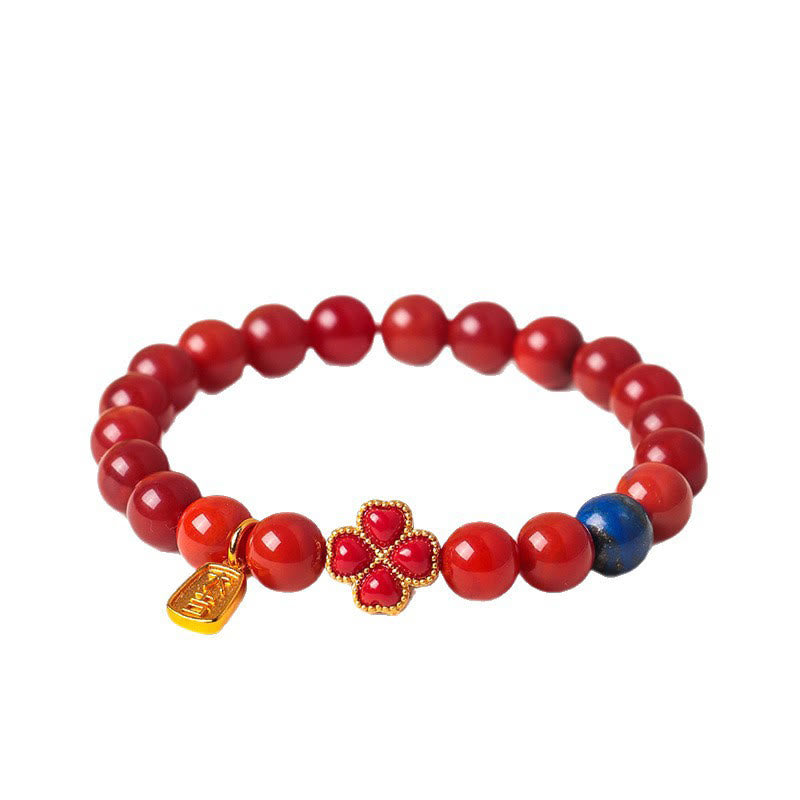Lapis Lazuli Floral Four-Leaf Clover & Wu Lou Gourd Agate Beaded Bracelet