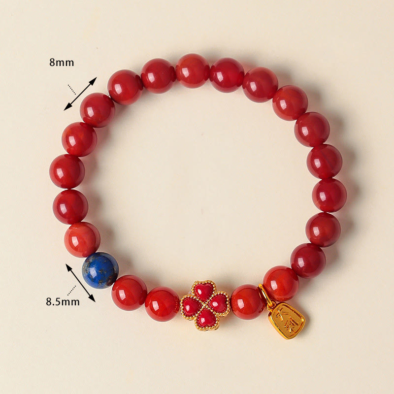 Lapis Lazuli Floral Four-Leaf Clover & Wu Lou Gourd Agate Beaded Bracelet