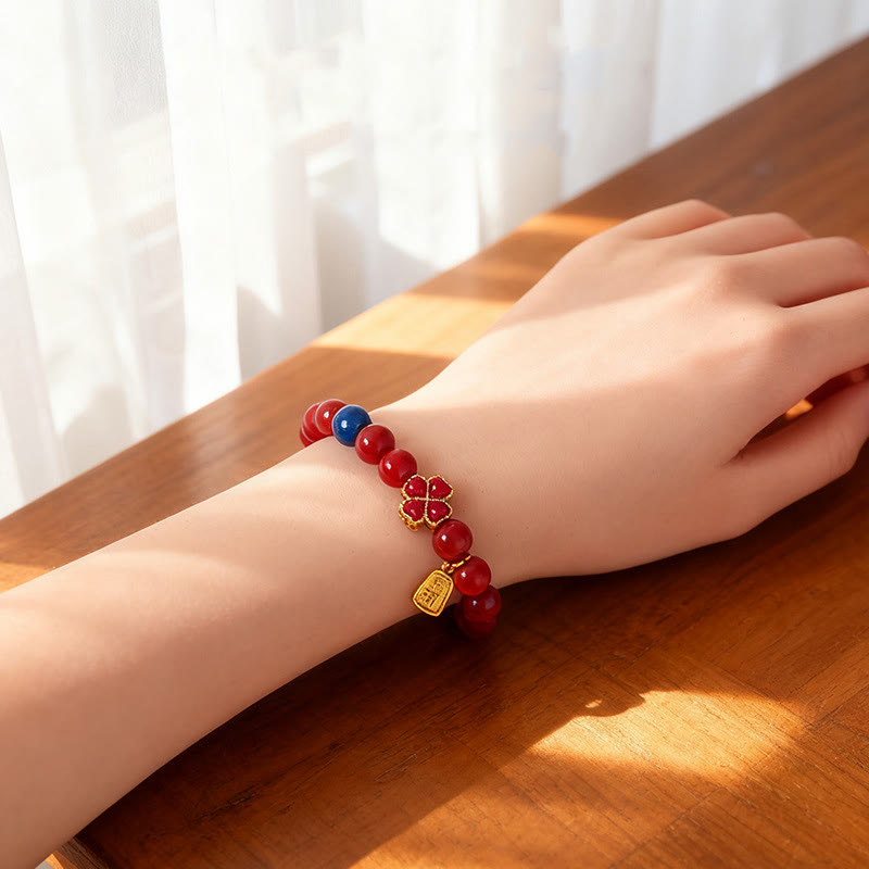 Lapis Lazuli Floral Four-Leaf Clover & Wu Lou Gourd Agate Beaded Bracelet
