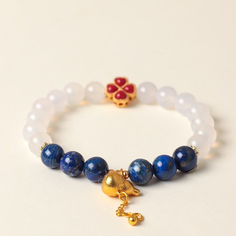Lapis Lazuli Floral Four-Leaf Clover & Wu Lou Gourd Agate Beaded Bracelet
