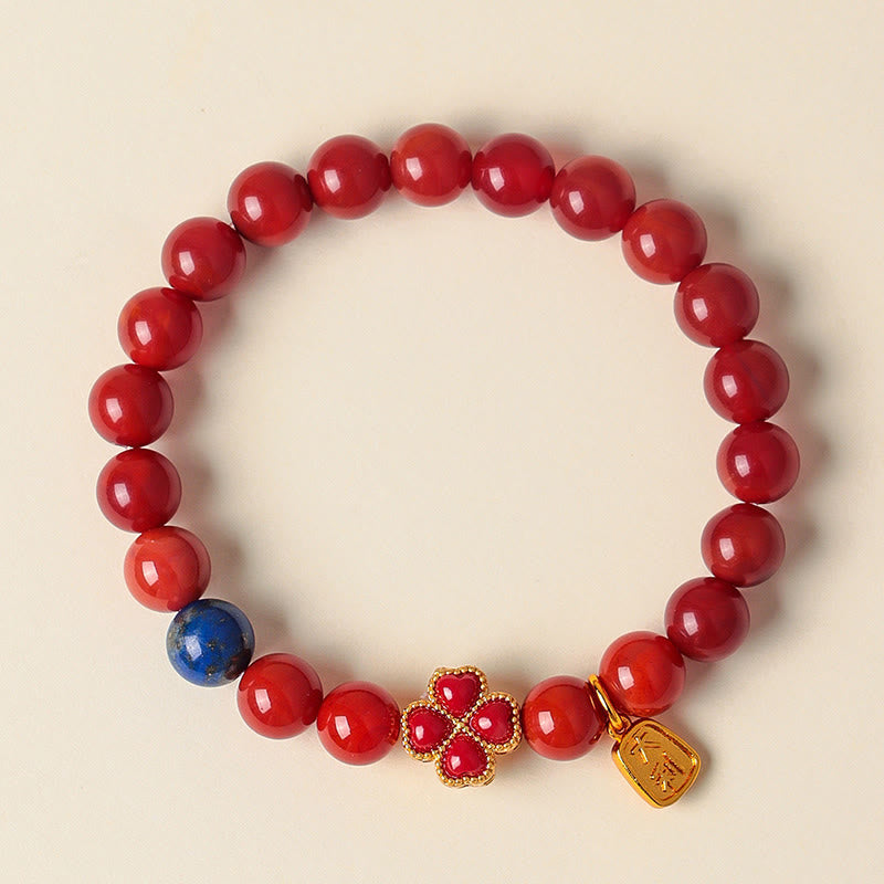 Lapis Lazuli Floral Four-Leaf Clover & Wu Lou Gourd Agate Beaded Bracelet