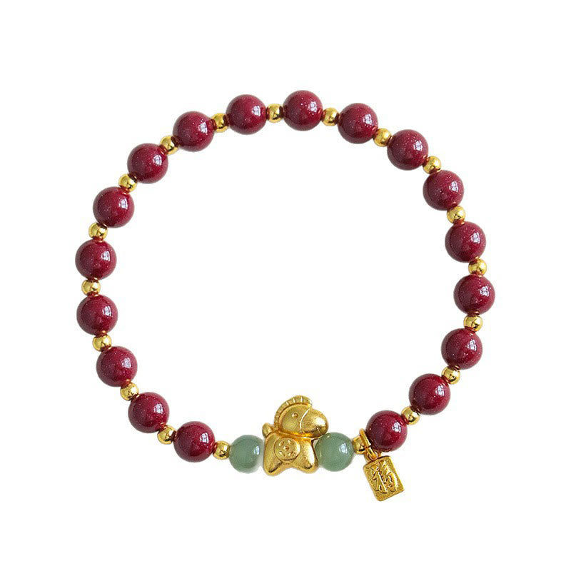 Zodiac Horse & Fu Symbol Cinnabar with Hetian Jade Blessing Bracelet