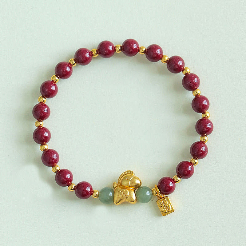 Zodiac Horse & Fu Symbol Cinnabar with Hetian Jade Blessing Bracelet