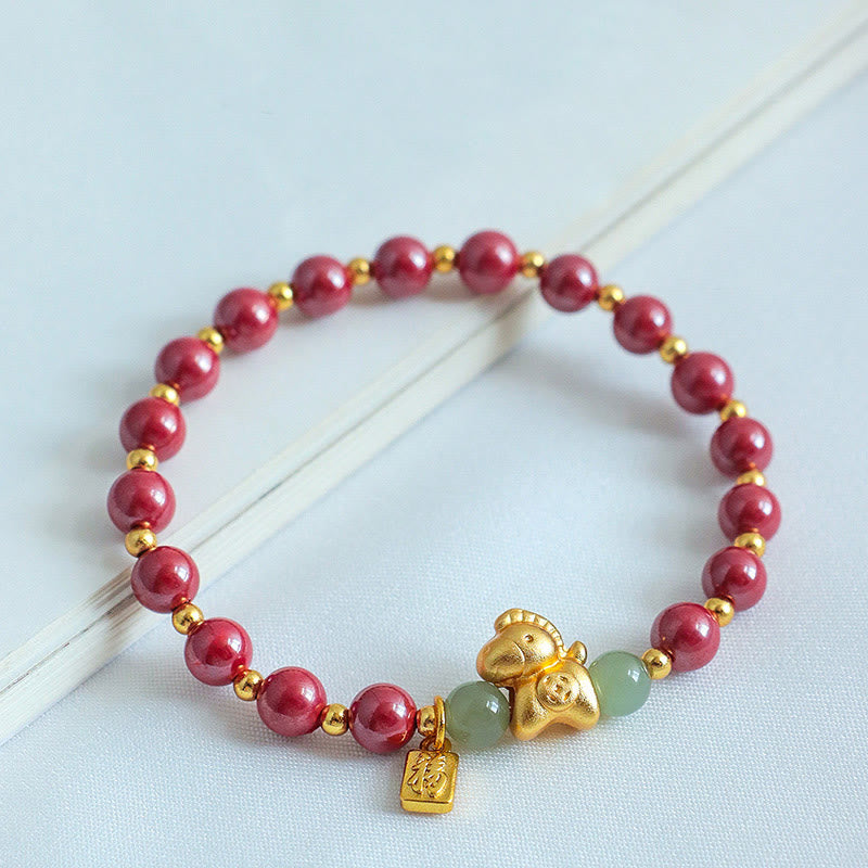Zodiac Horse & Fu Symbol Cinnabar with Hetian Jade Blessing Bracelet