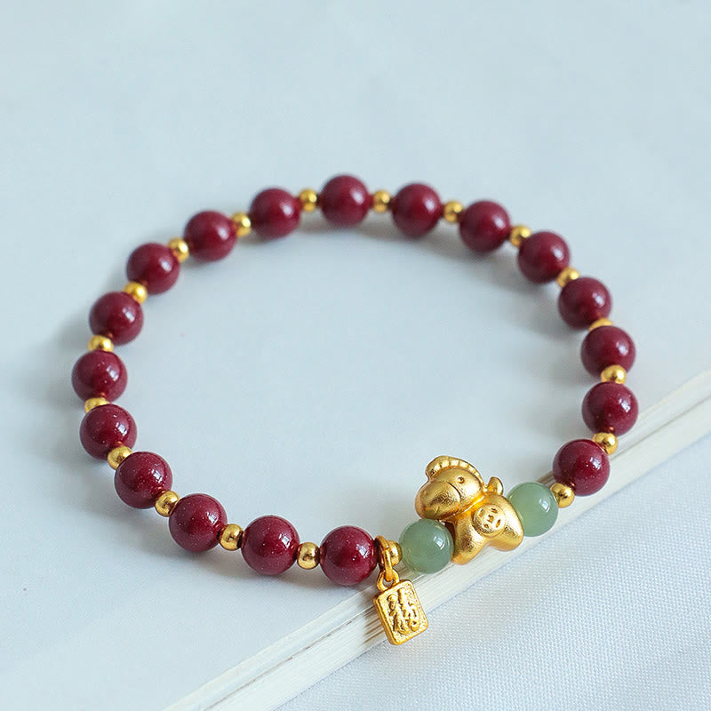 Zodiac Horse & Fu Symbol Cinnabar with Hetian Jade Blessing Bracelet