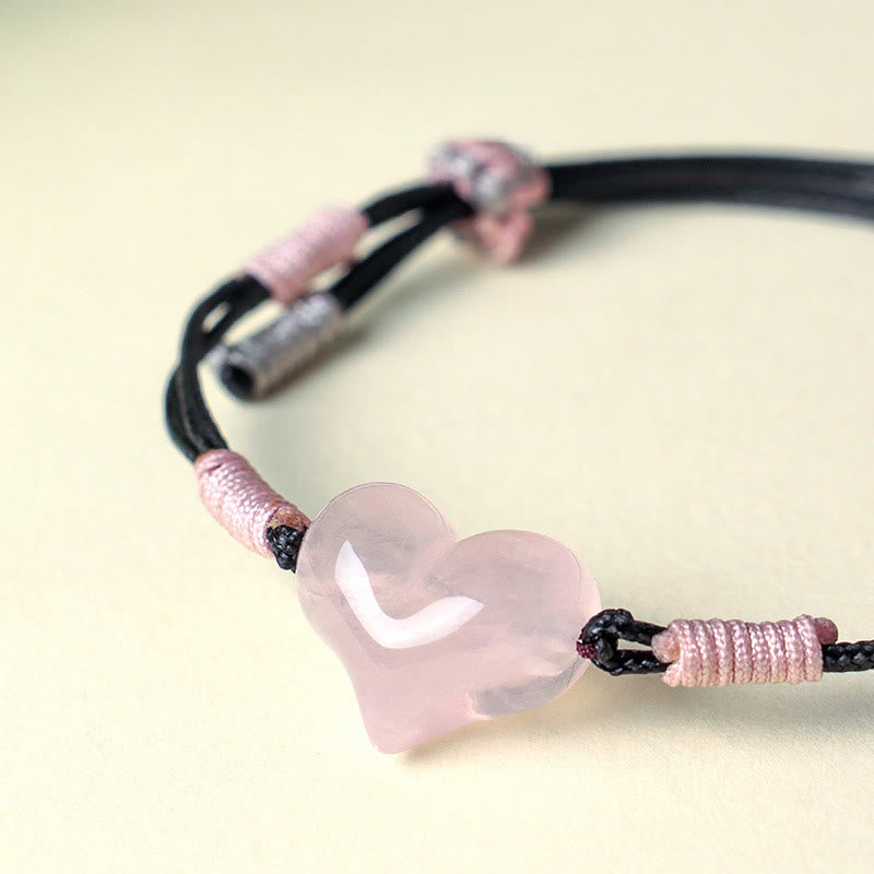 Natural Rose Quartz Heart Charm Braided String Bracelet for Gentle Connection