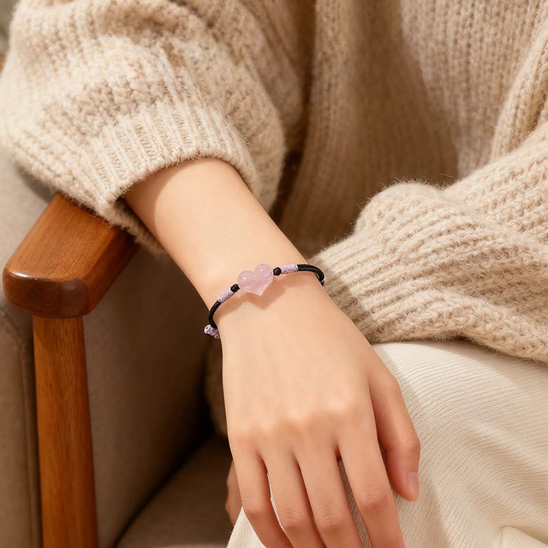 Natural Rose Quartz Heart Charm Braided String Bracelet for Gentle Connection