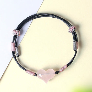 Natural Rose Quartz Heart Charm Braided String Bracelet for Gentle Connection