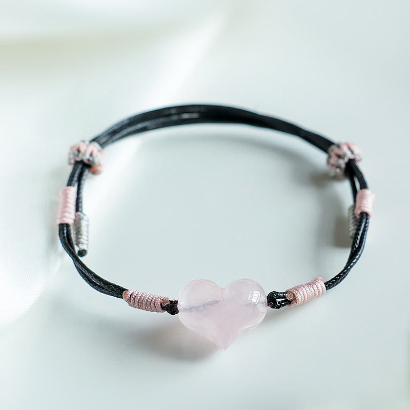 Natural Rose Quartz Heart Charm Braided String Bracelet for Gentle Connection