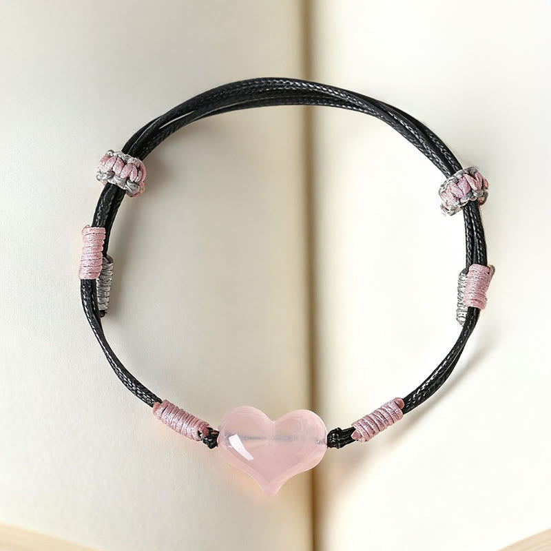Natural Rose Quartz Heart Charm Braided String Bracelet for Gentle Connection