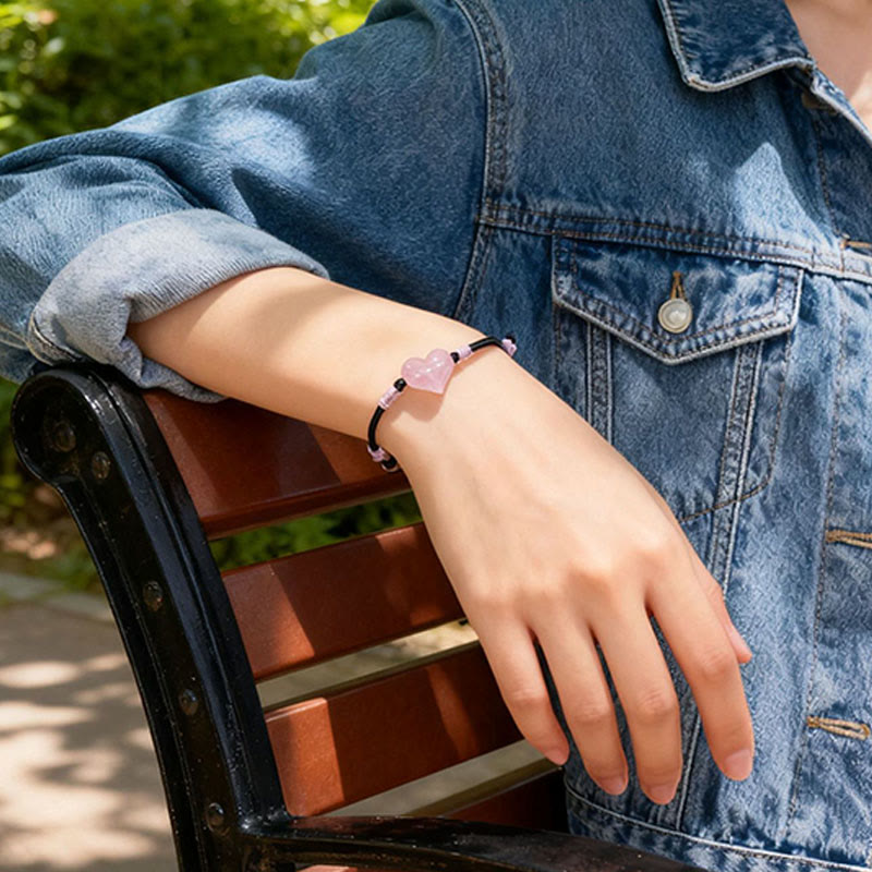 Natural Rose Quartz Heart Charm Braided String Bracelet for Gentle Connection