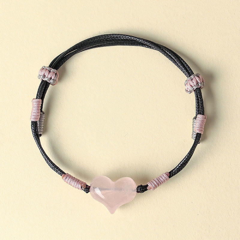 Natural Rose Quartz Heart Charm Braided String Bracelet for Gentle Connection