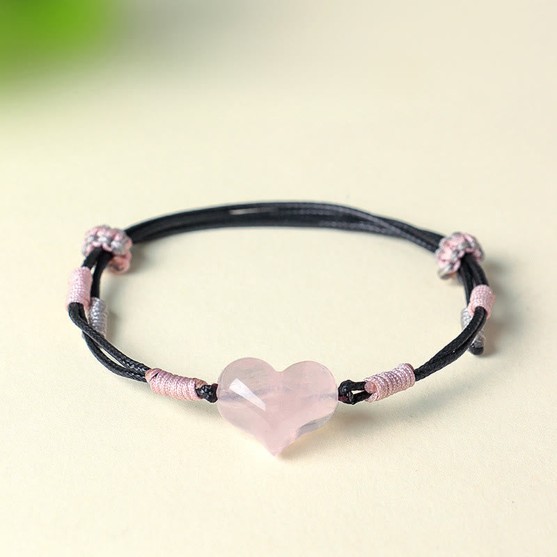 Natural Rose Quartz Heart Charm Braided String Bracelet for Gentle Connection