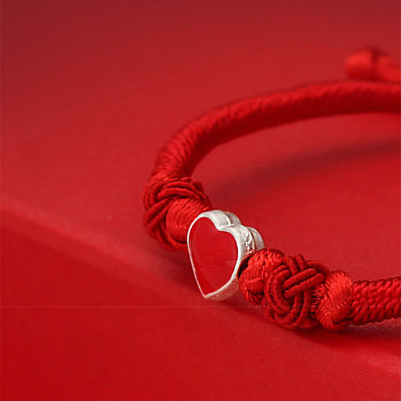 999 Fine Silver 3D Heart Red String Connection Bracelet