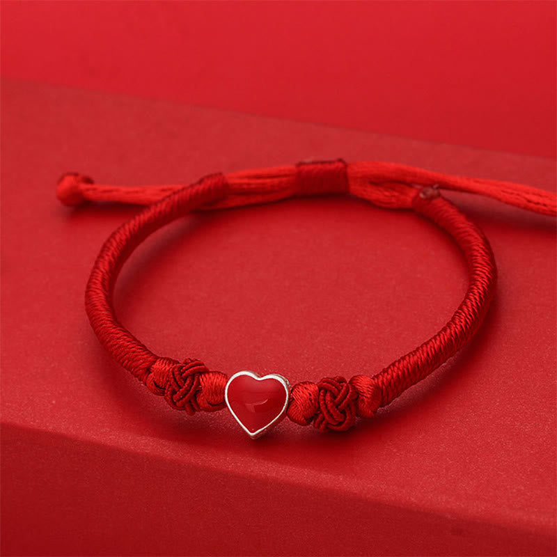 999 Fine Silver 3D Heart Red String Connection Bracelet