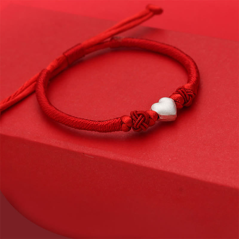 999 Fine Silver 3D Heart Red String Connection Bracelet