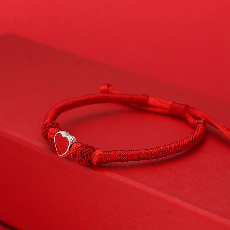 999 Fine Silver 3D Heart Red String Connection Bracelet