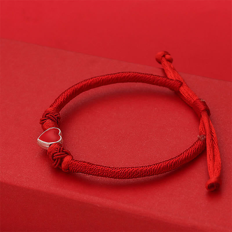 999 Fine Silver 3D Heart Red String Connection Bracelet