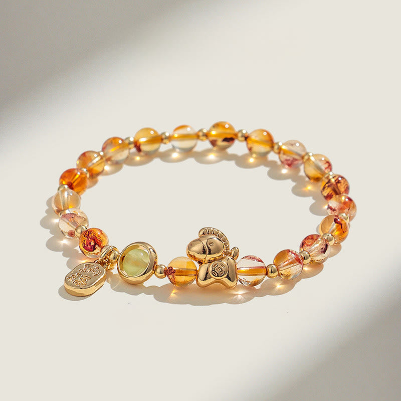 Zodiac Horse Red String Bracelet with Strawberry Quartz Citrine and Agate
