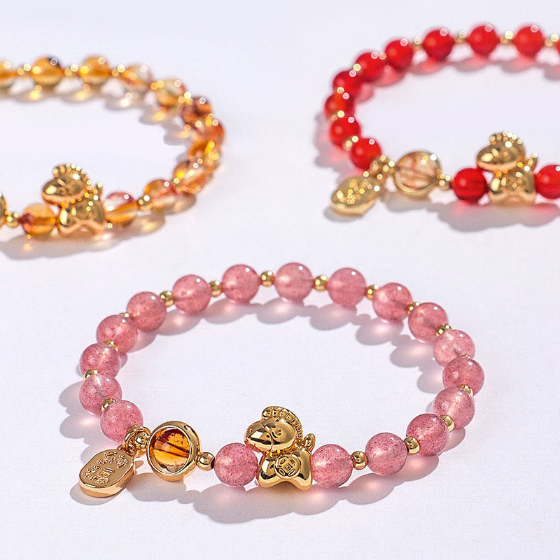 Zodiac Horse Red String Bracelet with Strawberry Quartz Citrine and Agate