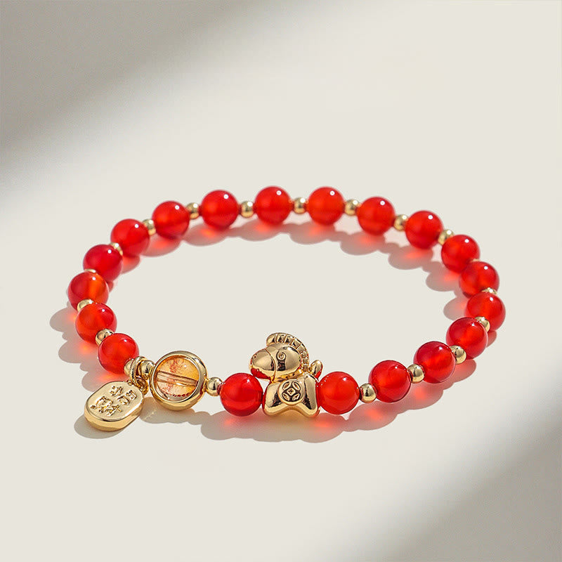 Zodiac Horse Red String Bracelet with Strawberry Quartz Citrine and Agate