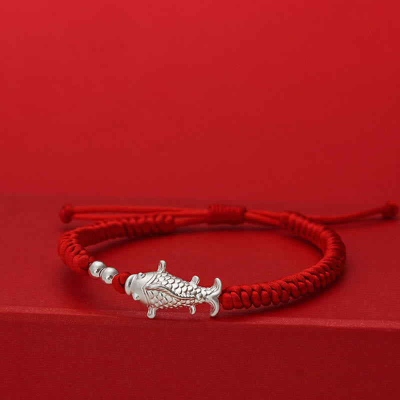 Adjustable 999 Sterling Silver Koi Fish Red String Bead Bracelet