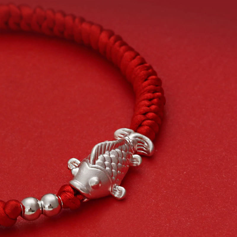 Adjustable 999 Sterling Silver Koi Fish Red String Bead Bracelet
