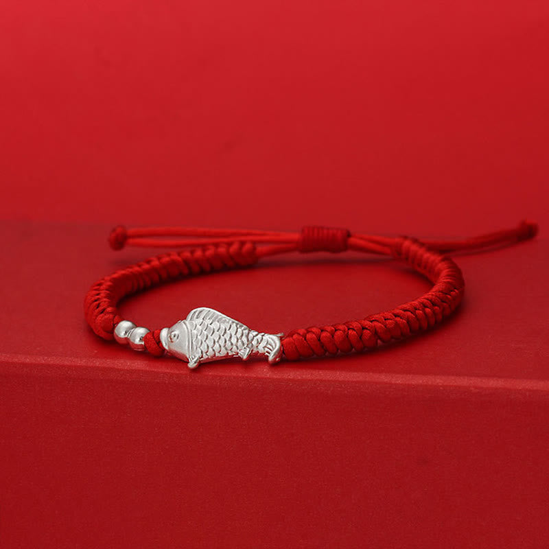 Adjustable 999 Sterling Silver Koi Fish Red String Bead Bracelet