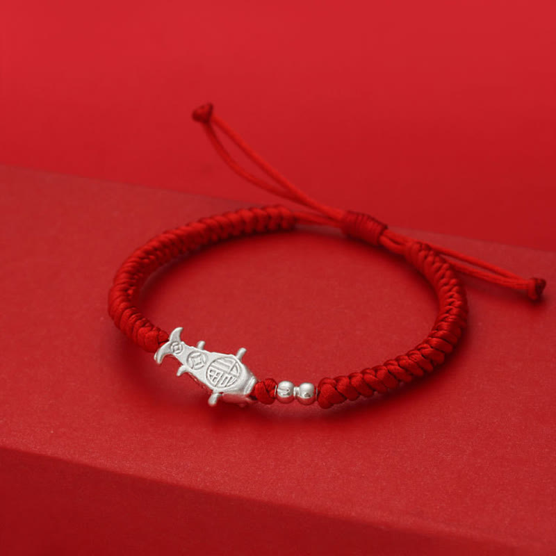 Adjustable 999 Sterling Silver Koi Fish Red String Bead Bracelet
