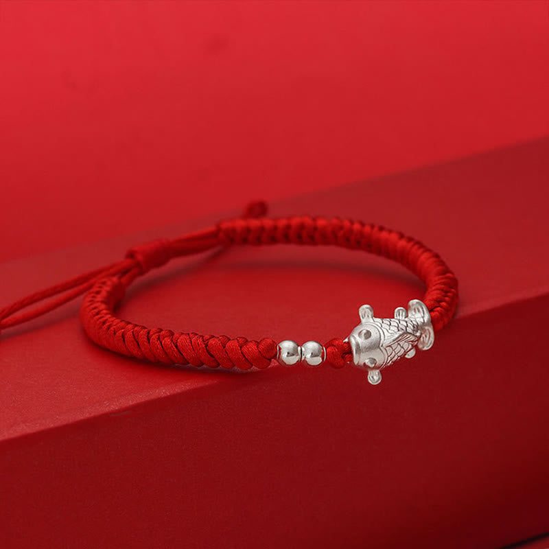 Adjustable 999 Sterling Silver Koi Fish Red String Bead Bracelet