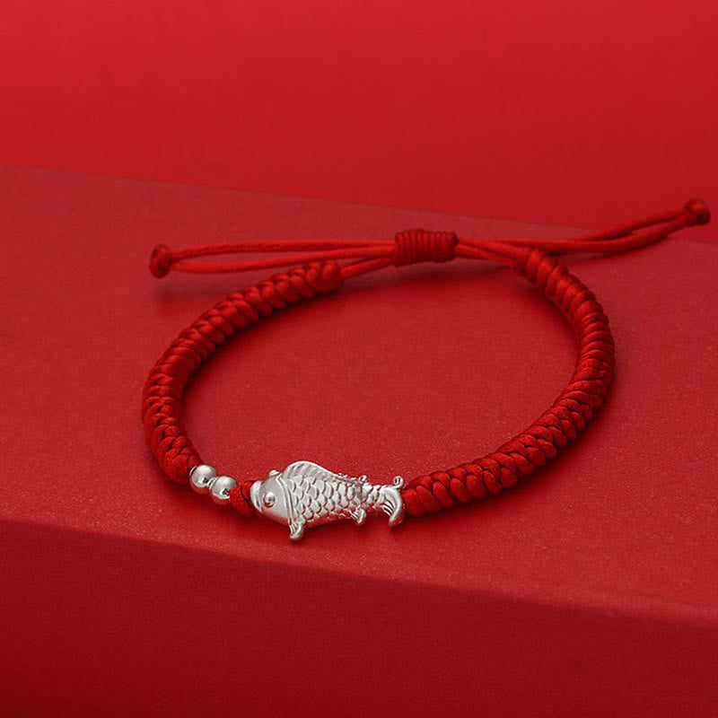 Adjustable 999 Sterling Silver Koi Fish Red String Bead Bracelet