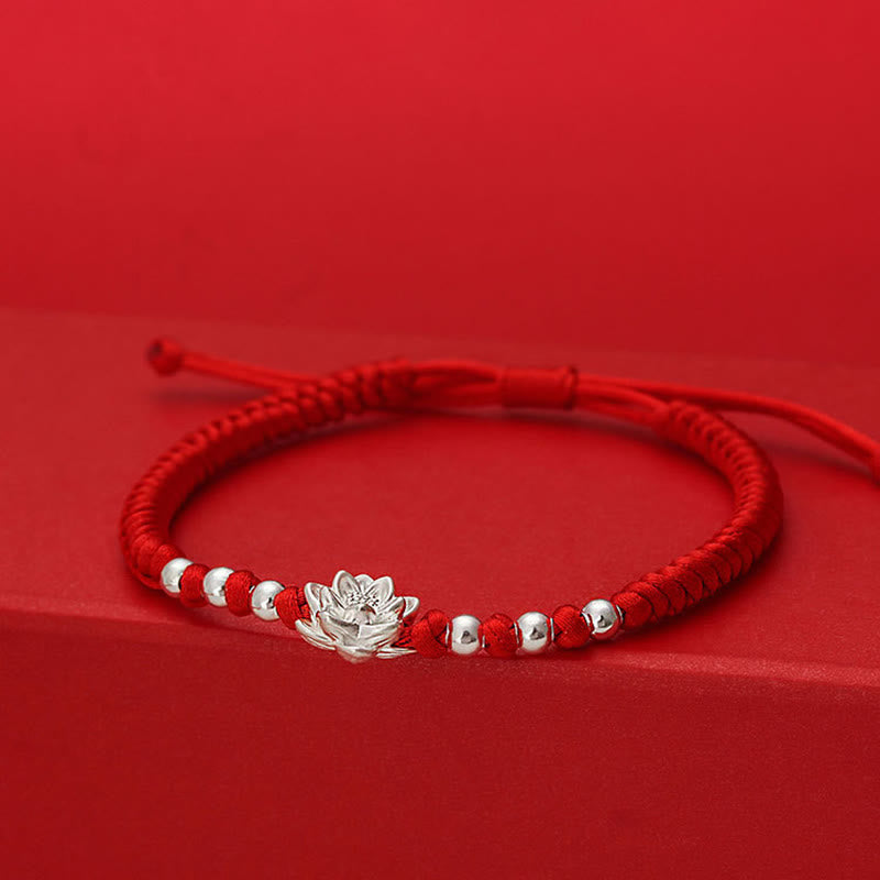 Handmade 999 Sterling Silver Lotus Charm Red String Bracelet